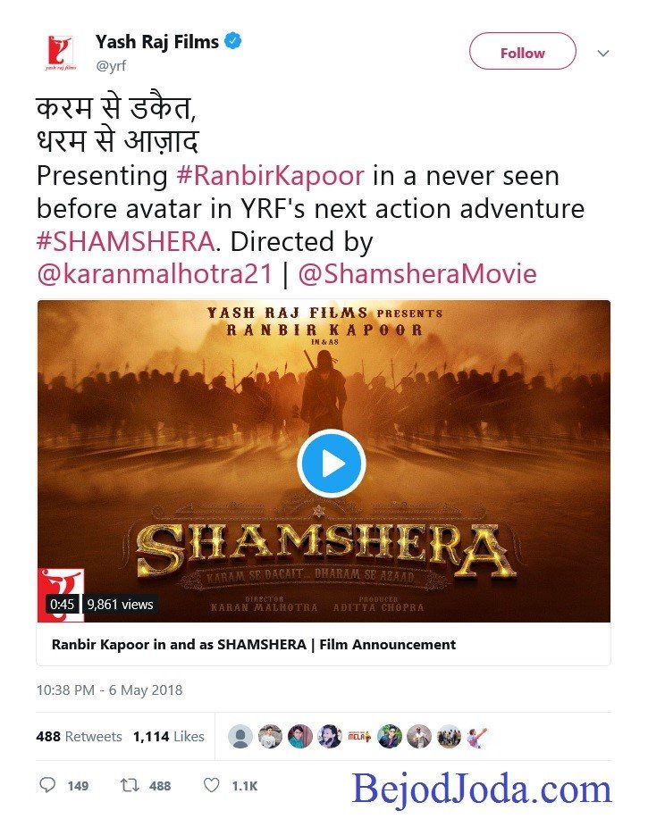 Yashraj tweet on Shamshera teaser - snap by BejodJoda.com