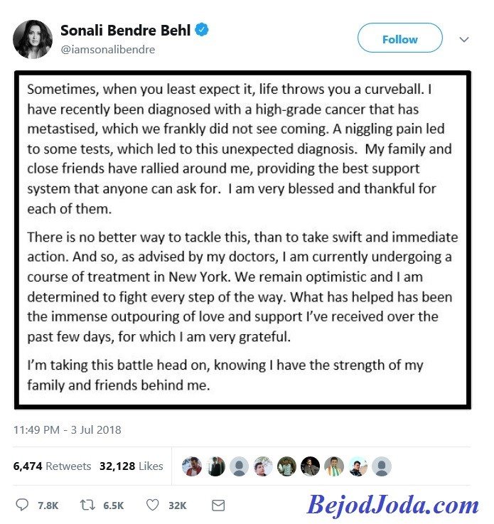 Sonali Bendre tweet on her cancer detection